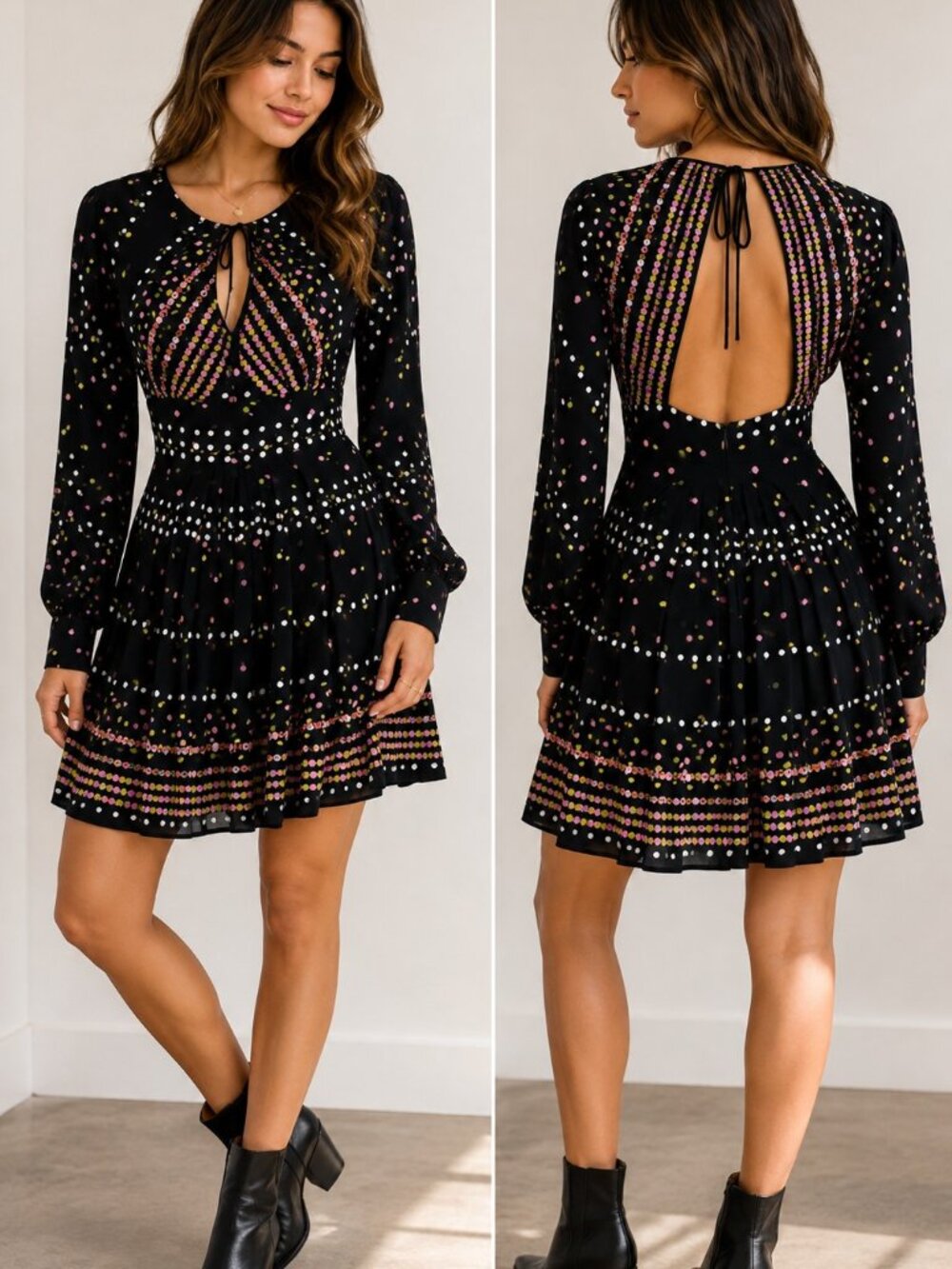 Free People Coryn Dress Women 4 Black Multi Dot Print Long Sleeve Open Back Mini